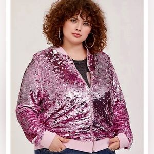 Limited Edition Barbie Pink Flip Sequin Bomber Jacket from Torrid